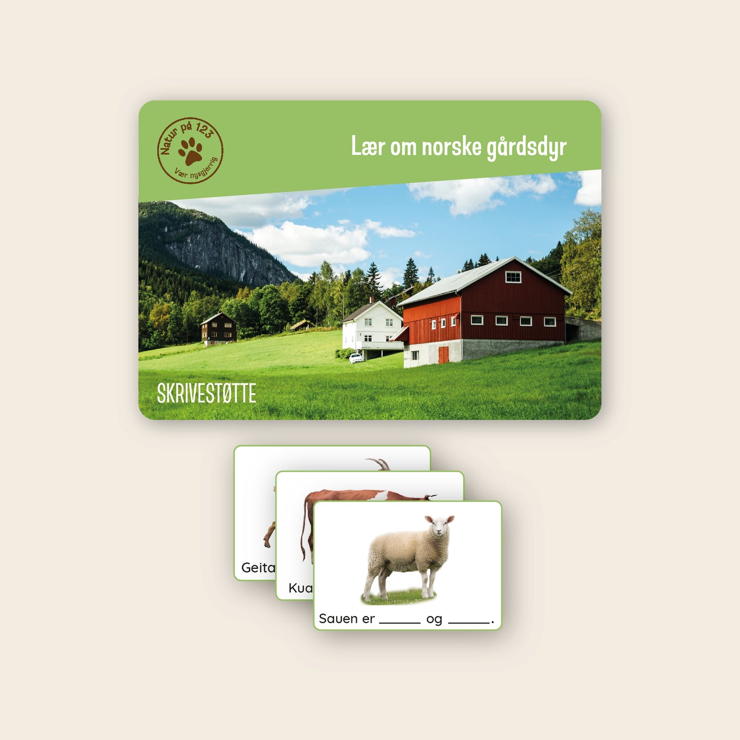 Skrivestøtte - norske gårdsdyr (digital fil/PDF)